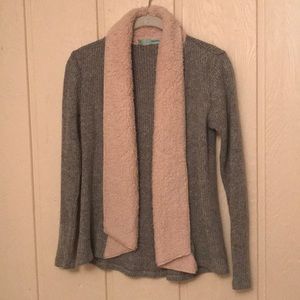 Open Front Ribbed Fur Collar Cardigan